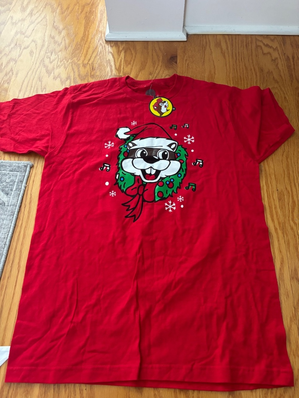 Red Graphic Holiday Tee with Festive Band Design